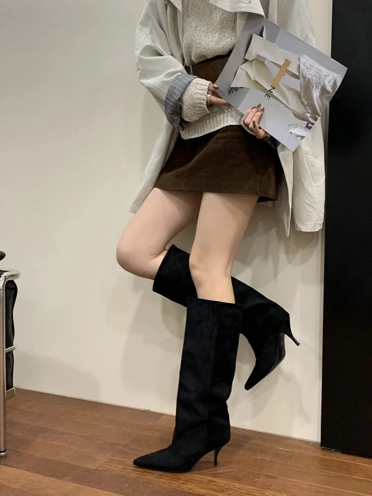 Eilyken Autumn Winter Retro Thin Heels Women Knee High Boots Fashion Sexy Pointed Toe Stripper Party Shoes Zapatos De Mujes