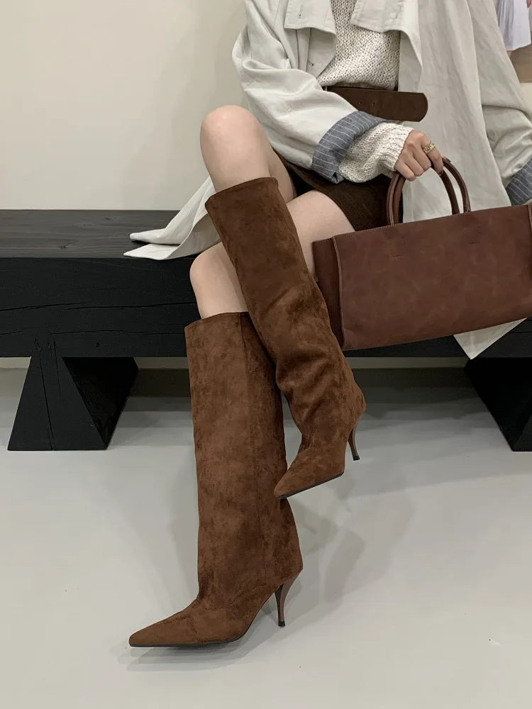Eilyken Autumn Winter Retro Thin Heels Women Knee High Boots Fashion Sexy Pointed Toe Stripper Party Shoes Zapatos De Mujes