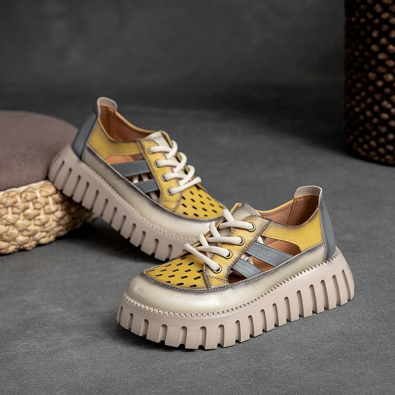 Careaymade-Genuine leather Thick Bottom boots Women's Summer Color Matching Lace Up Muffin Bottom Casual Hollow Out Single Shoes
