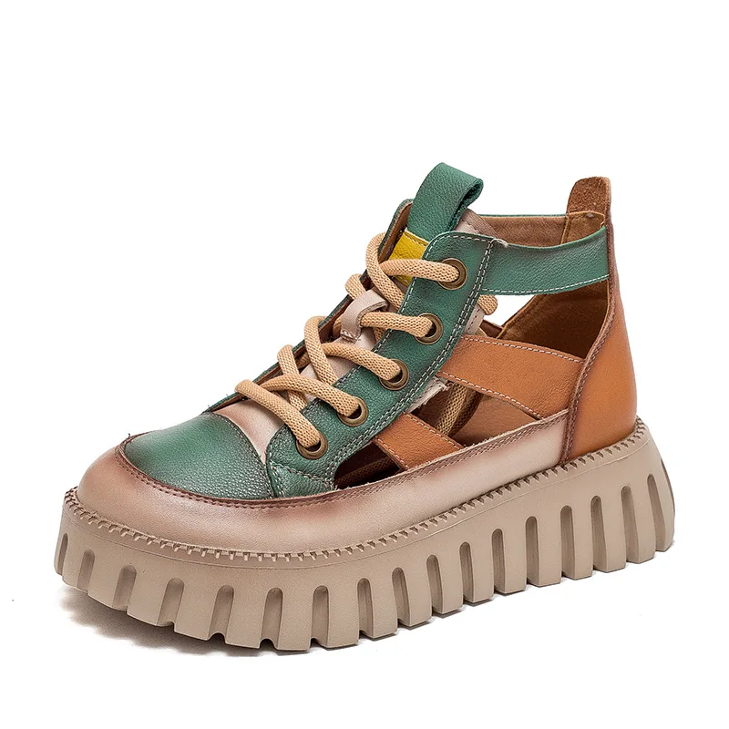 Careaymade-Genuine leather Thick Bottom boots Women's Summer Color Matching Lace Up Muffin Bottom Casual Hollow Out Single Shoes