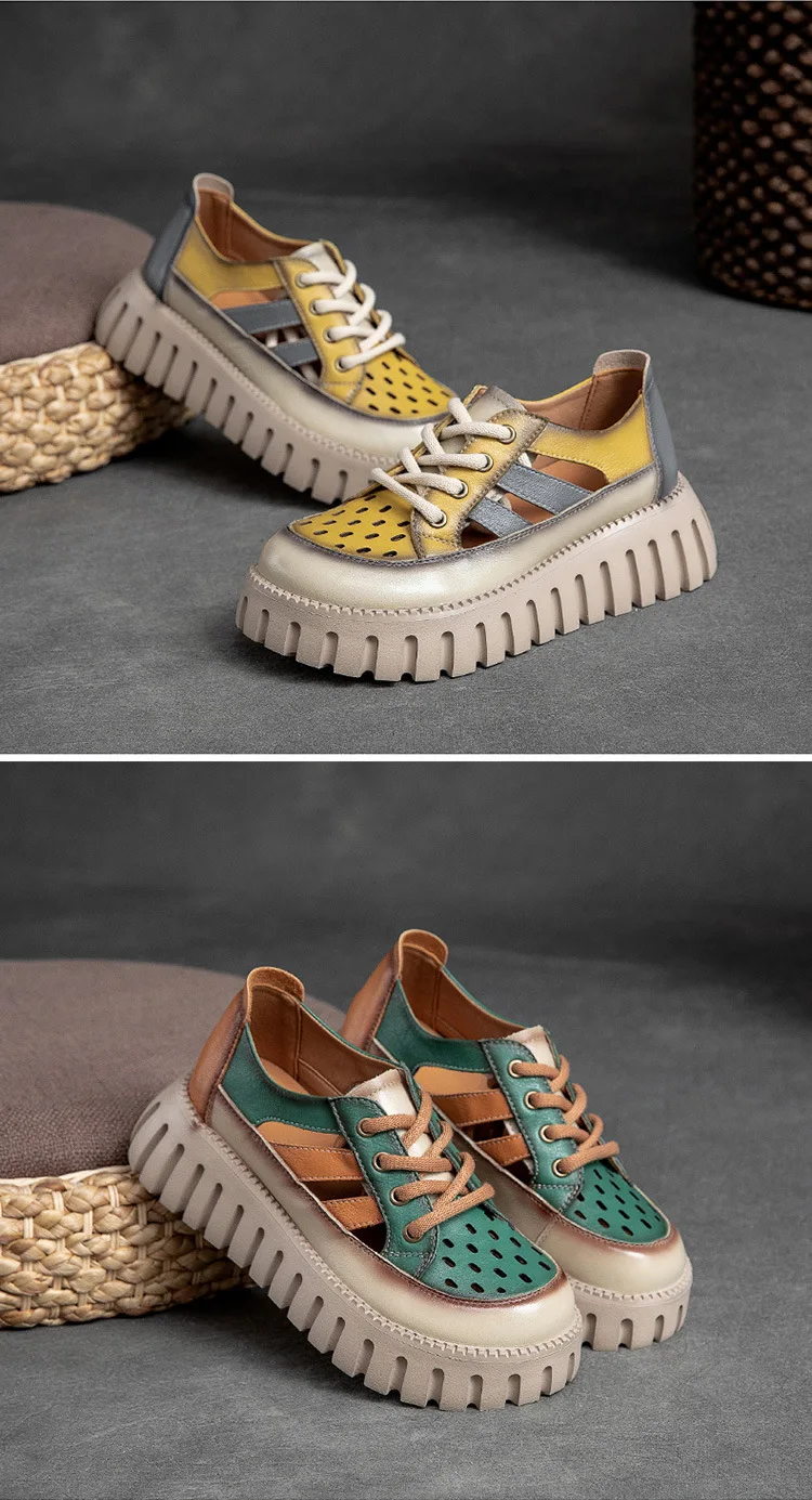 Careaymade-Genuine leather Thick Bottom boots Women's Summer Color Matching Lace Up Muffin Bottom Casual Hollow Out Single Shoes