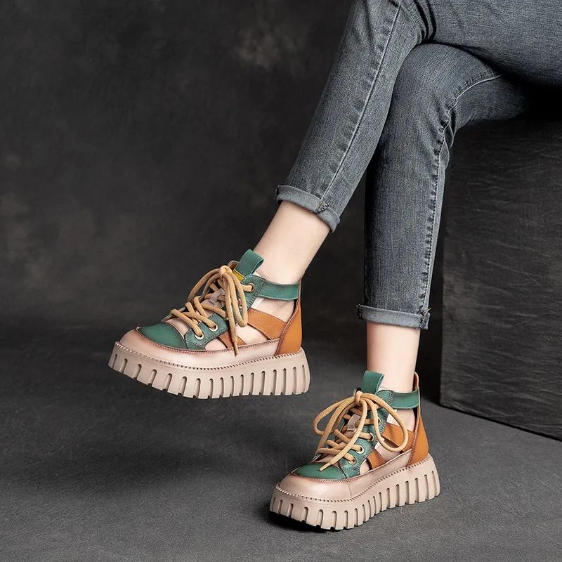 Careaymade-Genuine leather Thick Bottom boots Women's Summer Color Matching Lace Up Muffin Bottom Casual Hollow Out Single Shoes