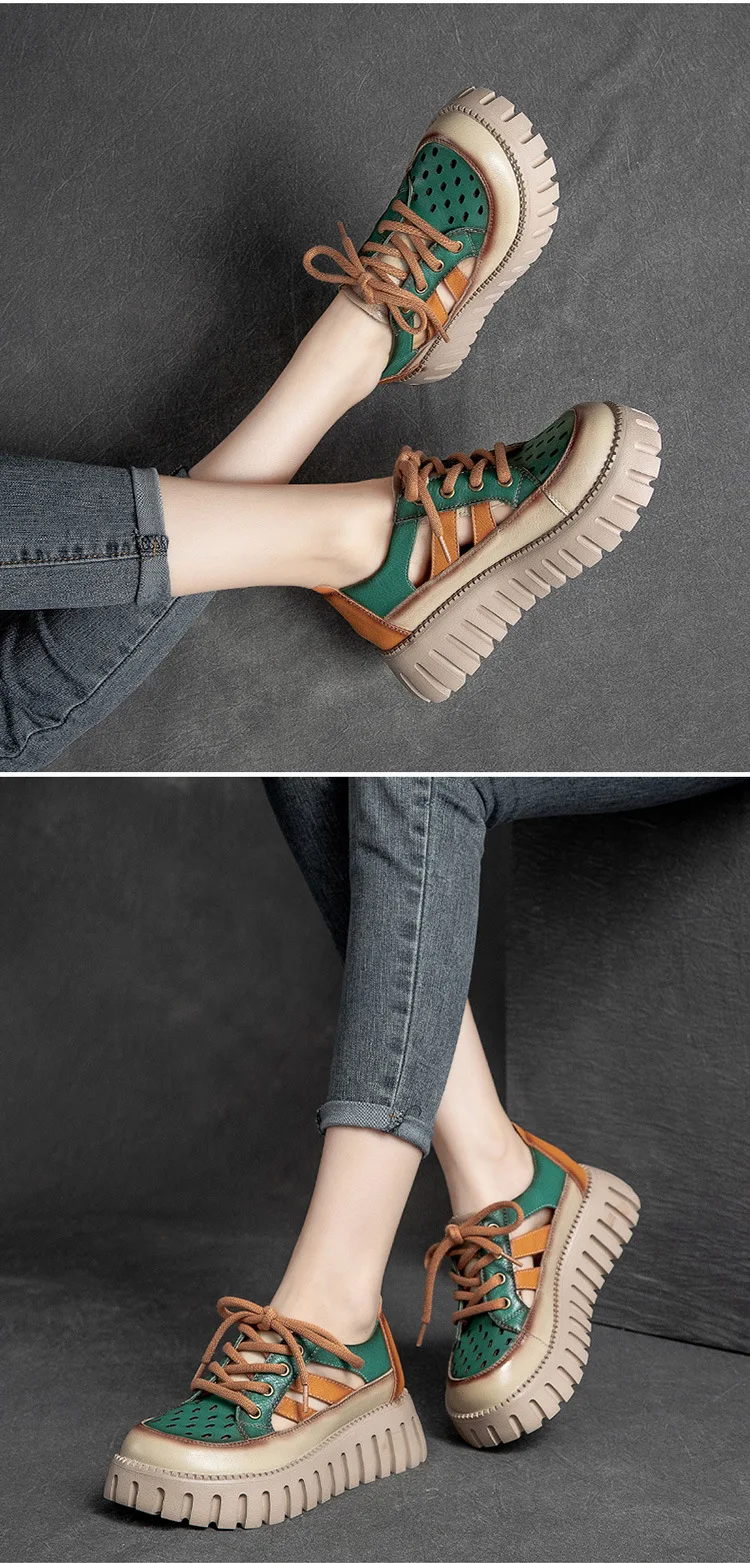 Careaymade-Genuine leather Thick Bottom boots Women's Summer Color Matching Lace Up Muffin Bottom Casual Hollow Out Single Shoes