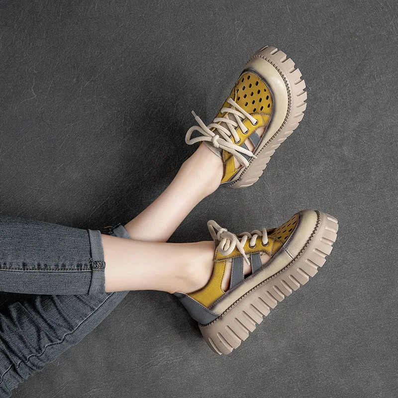 Careaymade-Genuine leather Thick Bottom boots Women's Summer Color Matching Lace Up Muffin Bottom Casual Hollow Out Single Shoes