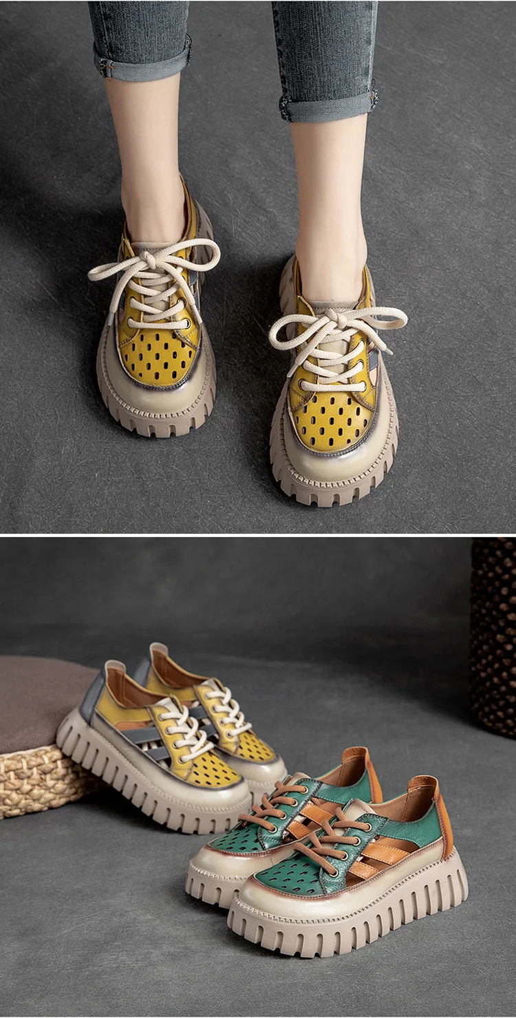 Careaymade-Genuine leather Thick Bottom boots Women's Summer Color Matching Lace Up Muffin Bottom Casual Hollow Out Single Shoes