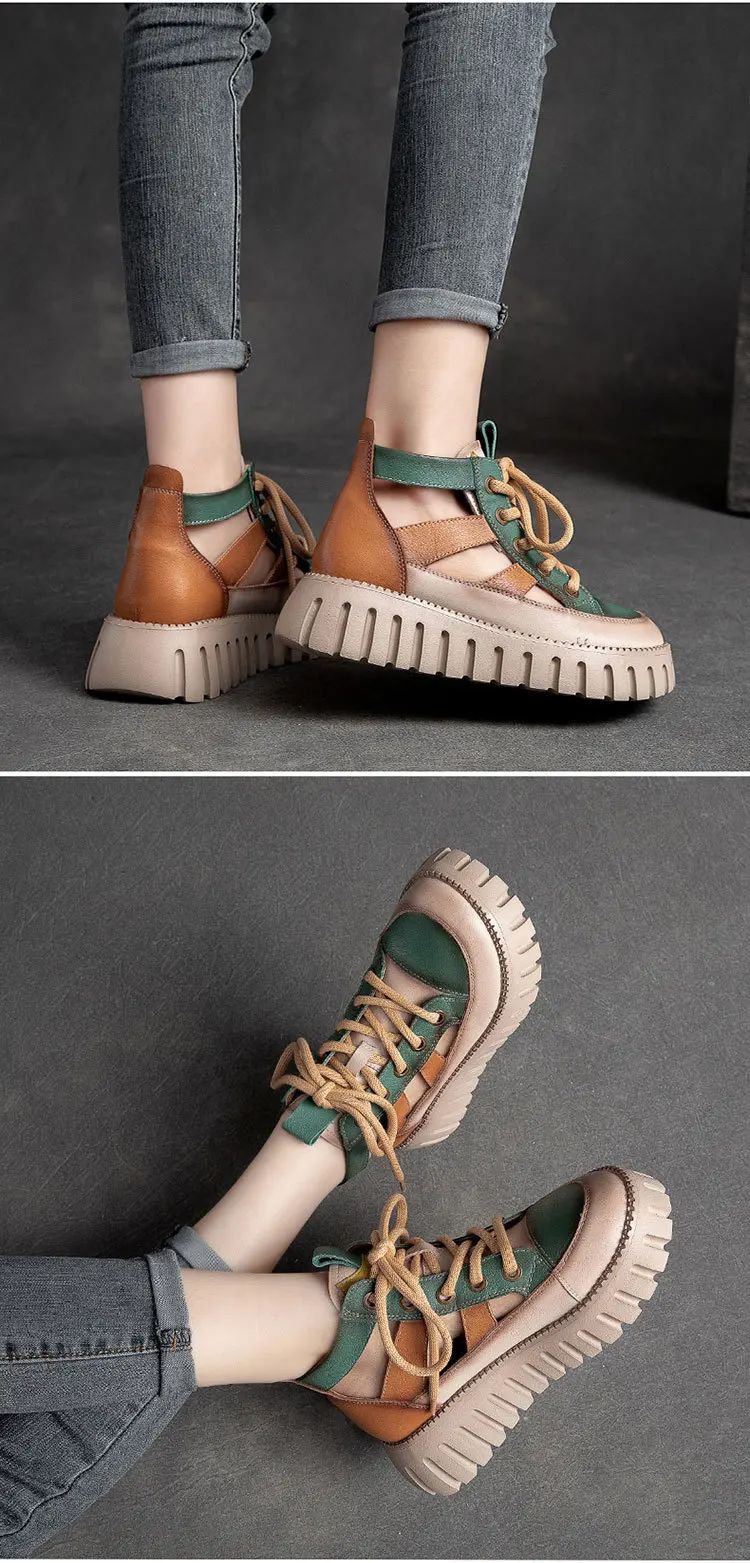 Careaymade-Genuine leather Thick Bottom boots Women's Summer Color Matching Lace Up Muffin Bottom Casual Hollow Out Single Shoes