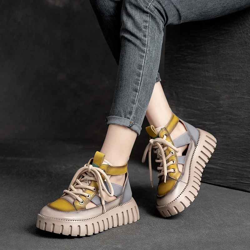 Careaymade-Genuine leather Thick Bottom boots Women's Summer Color Matching Lace Up Muffin Bottom Casual Hollow Out Single Shoes