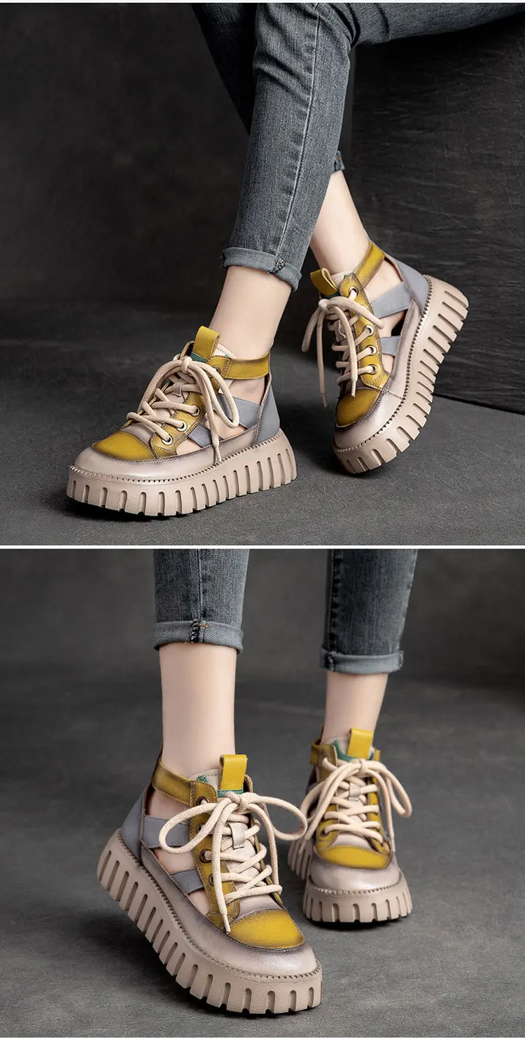 Careaymade-Genuine leather Thick Bottom boots Women's Summer Color Matching Lace Up Muffin Bottom Casual Hollow Out Single Shoes