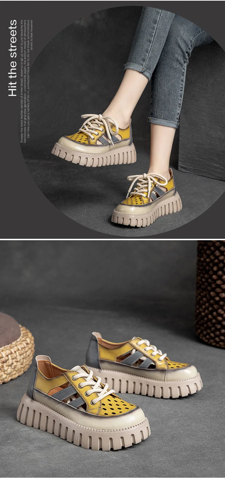 Careaymade-Genuine leather Thick Bottom boots Women's Summer Color Matching Lace Up Muffin Bottom Casual Hollow Out Single Shoes