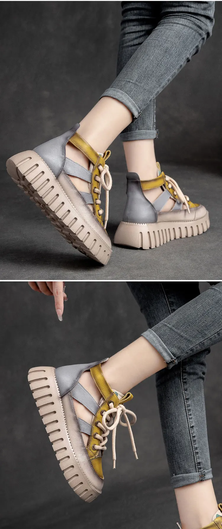 Careaymade-Genuine leather Thick Bottom boots Women's Summer Color Matching Lace Up Muffin Bottom Casual Hollow Out Single Shoes