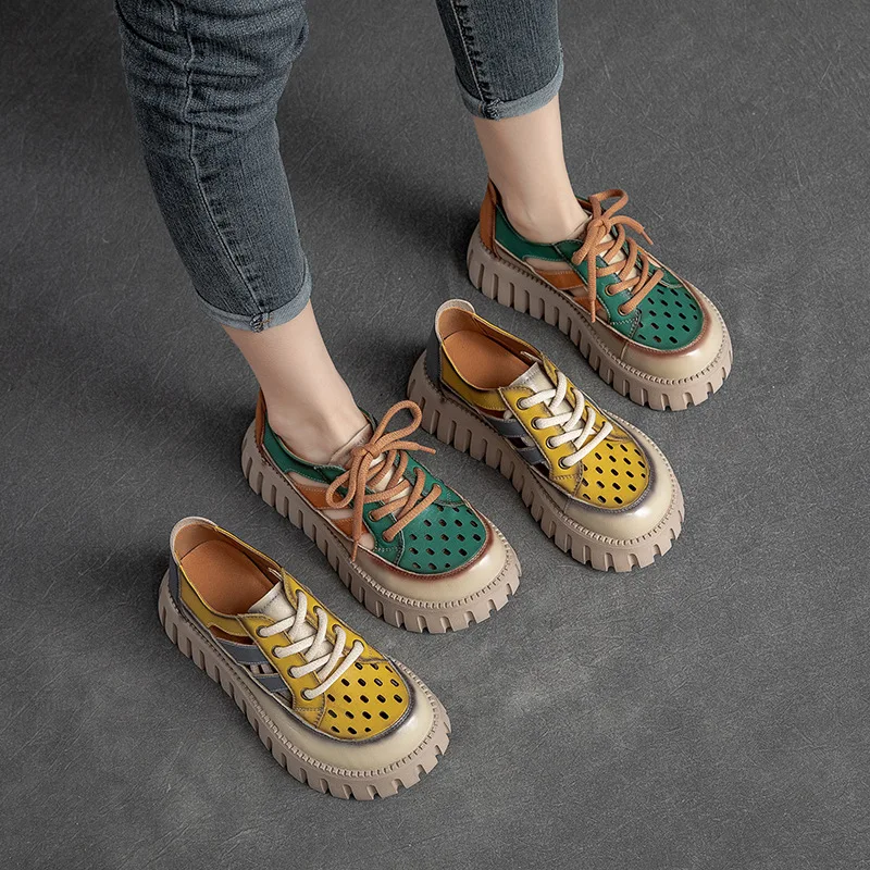 Careaymade-Genuine leather Thick Bottom boots Women's Summer Color Matching Lace Up Muffin Bottom Casual Hollow Out Single Shoes