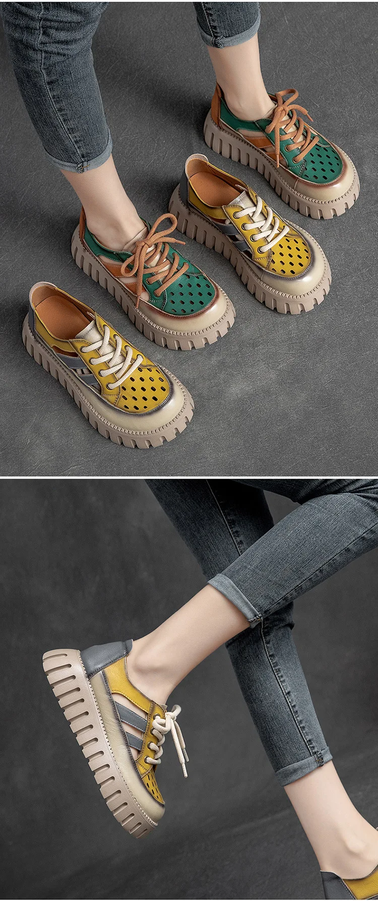 Careaymade-Genuine leather Thick Bottom boots Women's Summer Color Matching Lace Up Muffin Bottom Casual Hollow Out Single Shoes