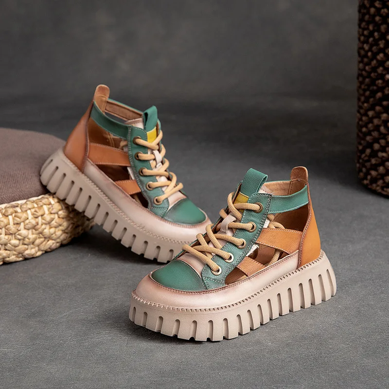 Careaymade-Genuine leather Thick Bottom boots Women's Summer Color Matching Lace Up Muffin Bottom Casual Hollow Out Single Shoes