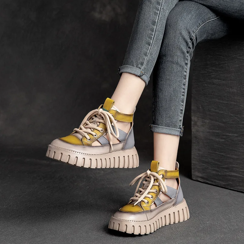 Careaymade-Genuine leather Thick Bottom boots Women's Summer Color Matching Lace Up Muffin Bottom Casual Hollow Out Single Shoes