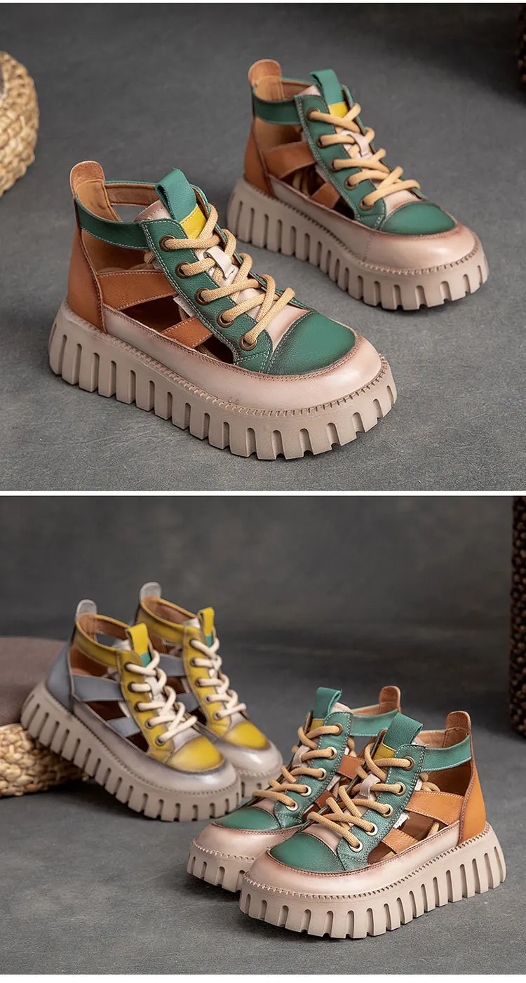 Careaymade-Genuine leather Thick Bottom boots Women's Summer Color Matching Lace Up Muffin Bottom Casual Hollow Out Single Shoes