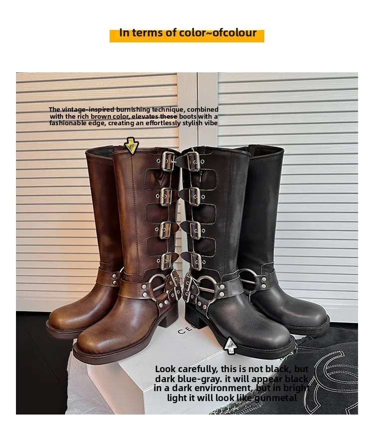 ArdenFurtado Metal Buckle Square Toe Knee High Boots Genuine Leather Brown Punk Long Boots Woman Chunky Heels Motorcycle Booties