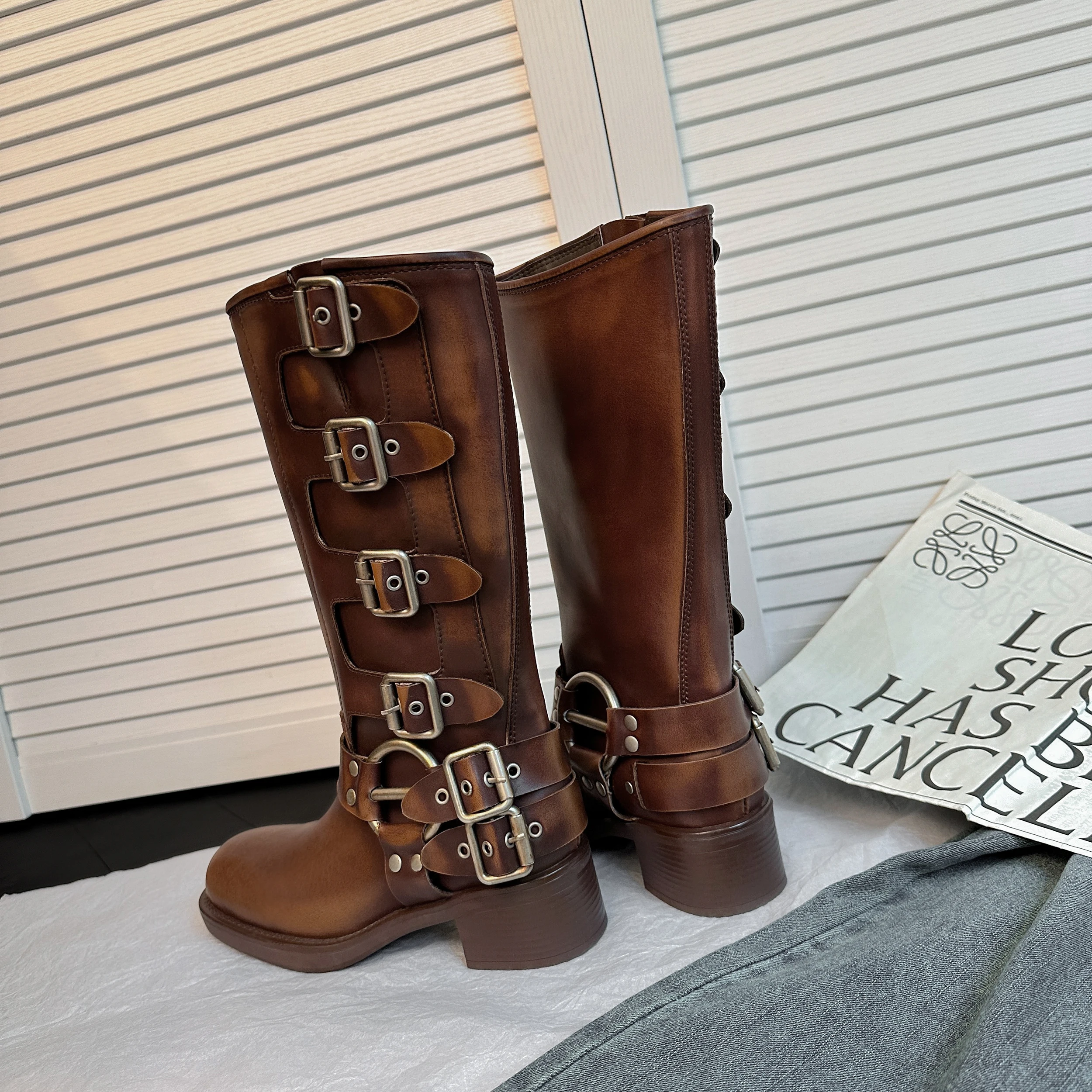 ArdenFurtado Metal Buckle Square Toe Knee High Boots Genuine Leather Brown Punk Long Boots Woman Chunky Heels Motorcycle Booties
