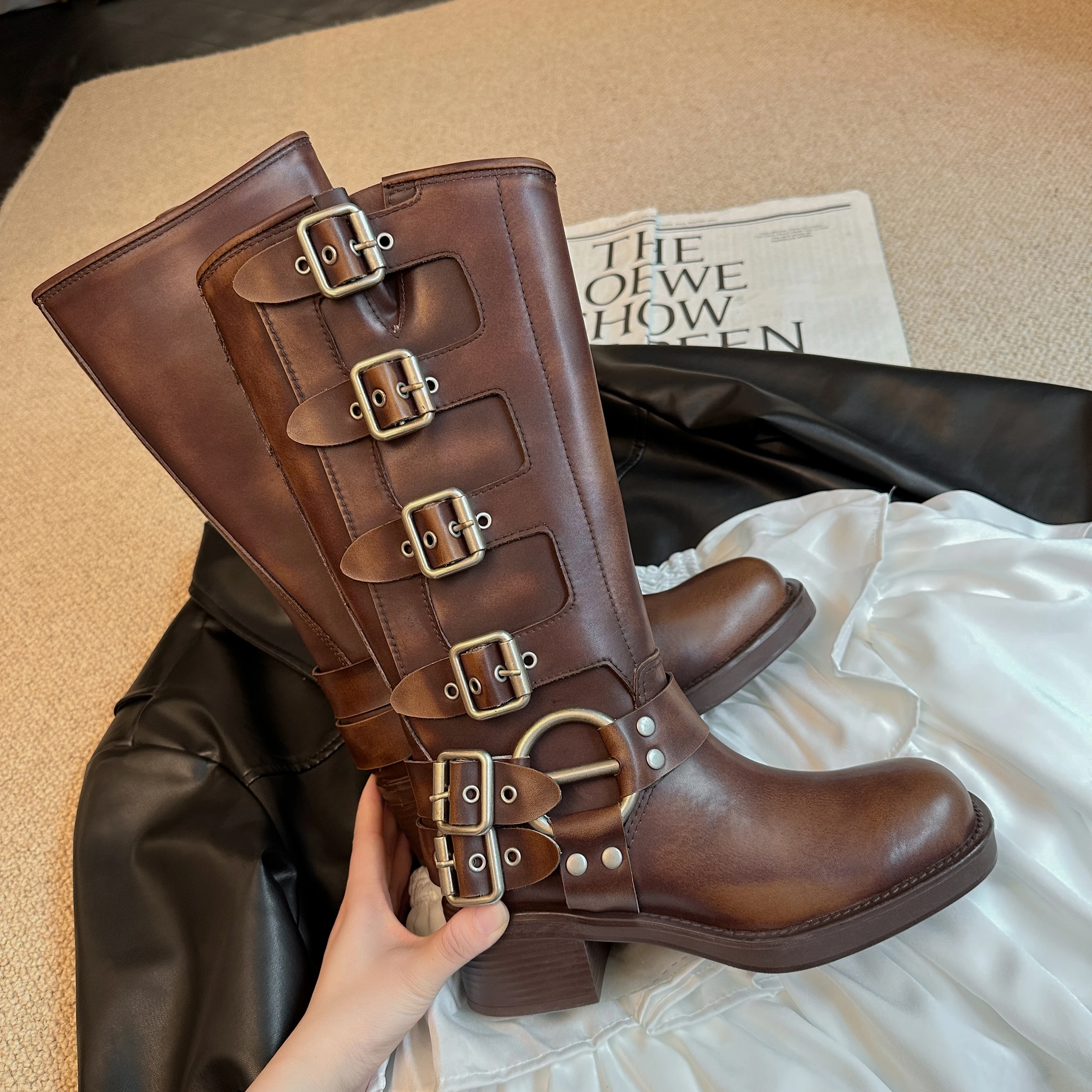 ArdenFurtado Metal Buckle Square Toe Knee High Boots Genuine Leather Brown Punk Long Boots Woman Chunky Heels Motorcycle Booties