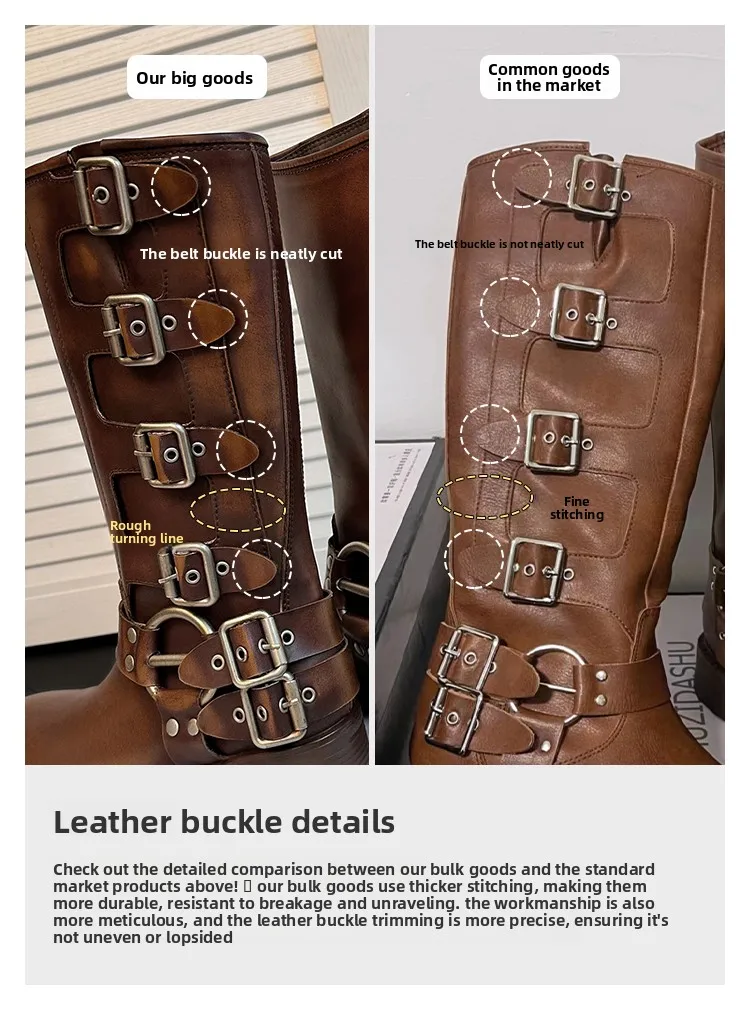 ArdenFurtado Metal Buckle Square Toe Knee High Boots Genuine Leather Brown Punk Long Boots Woman Chunky Heels Motorcycle Booties