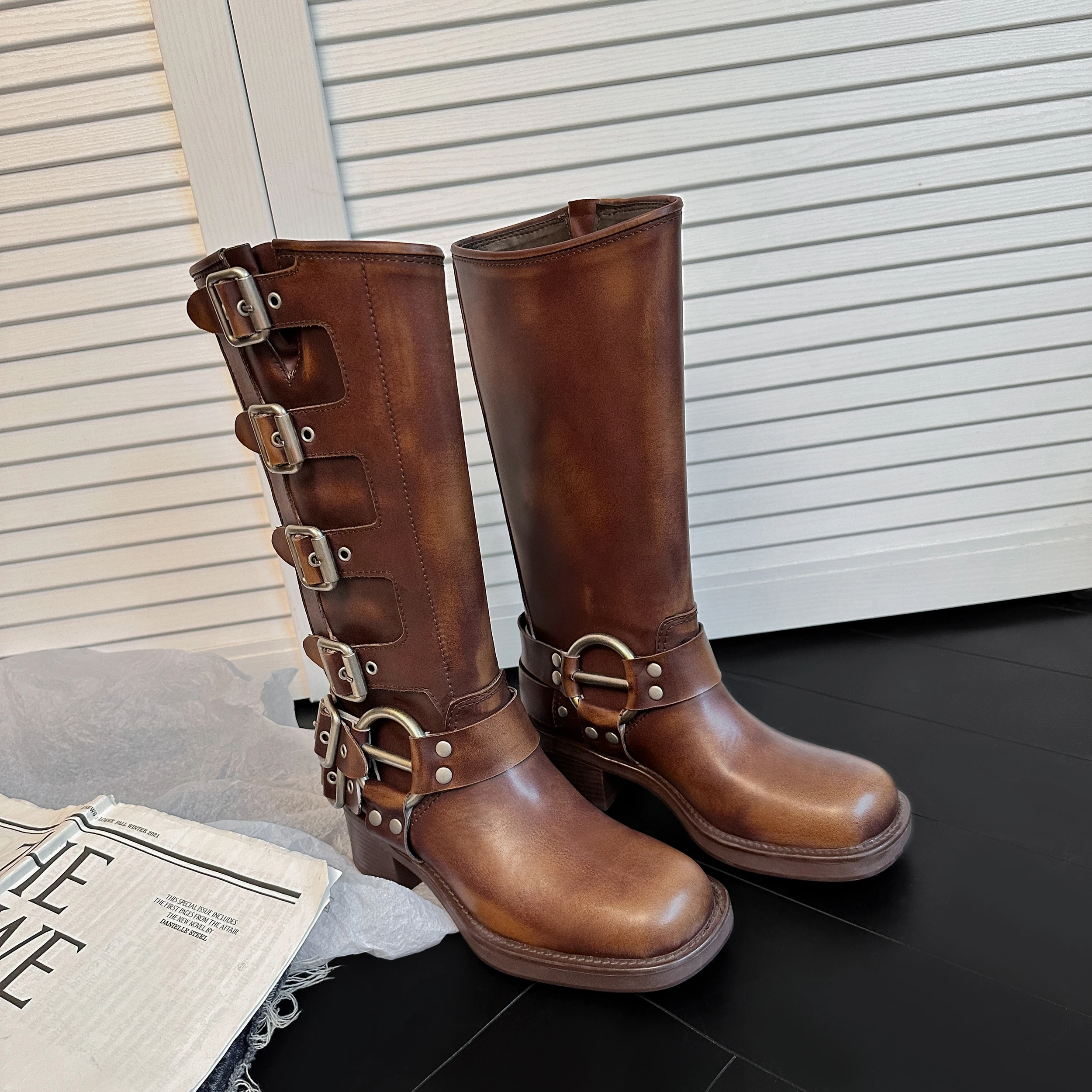 ArdenFurtado Metal Buckle Square Toe Knee High Boots Genuine Leather Brown Punk Long Boots Woman Chunky Heels Motorcycle Booties
