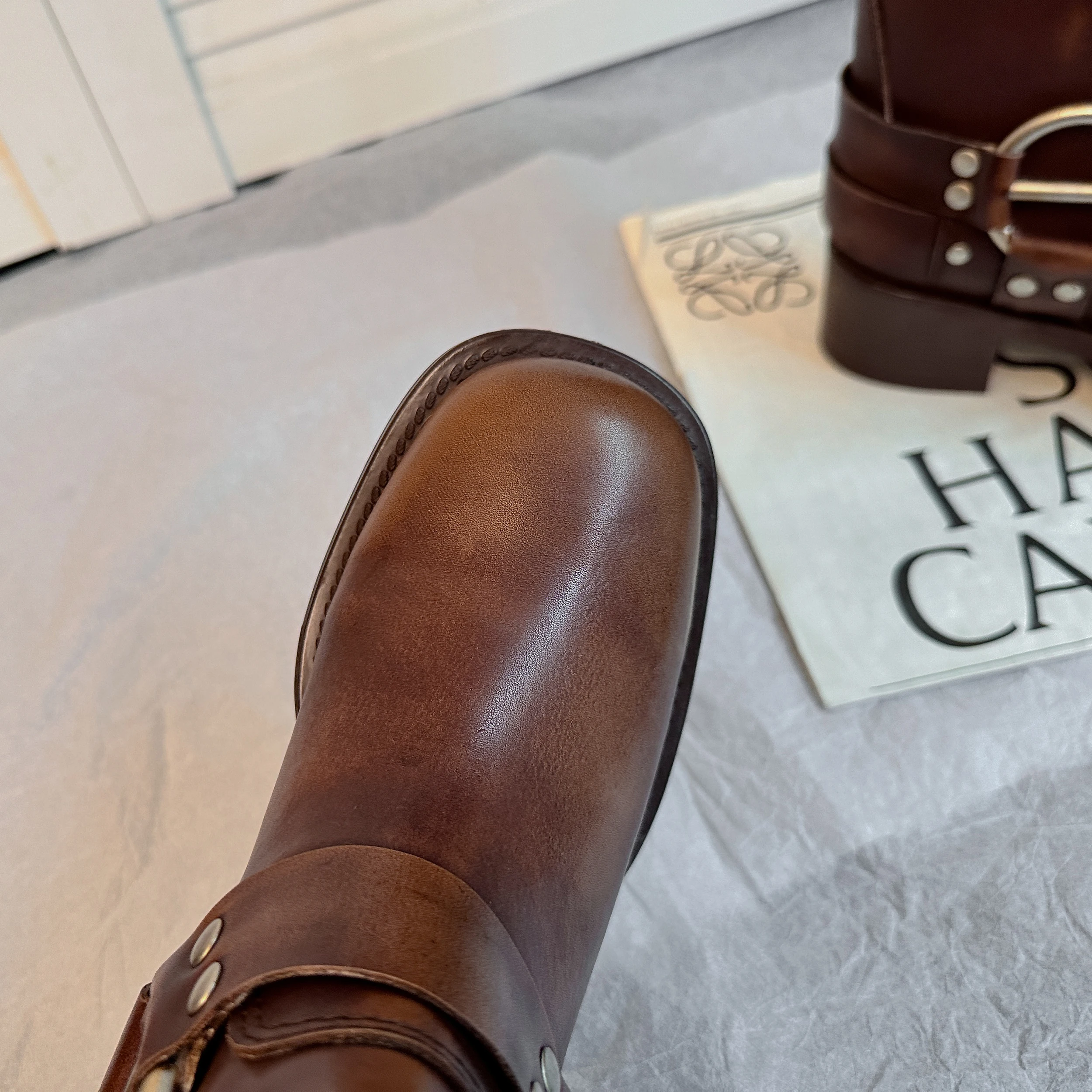 ArdenFurtado Metal Buckle Square Toe Knee High Boots Genuine Leather Brown Punk Long Boots Woman Chunky Heels Motorcycle Booties
