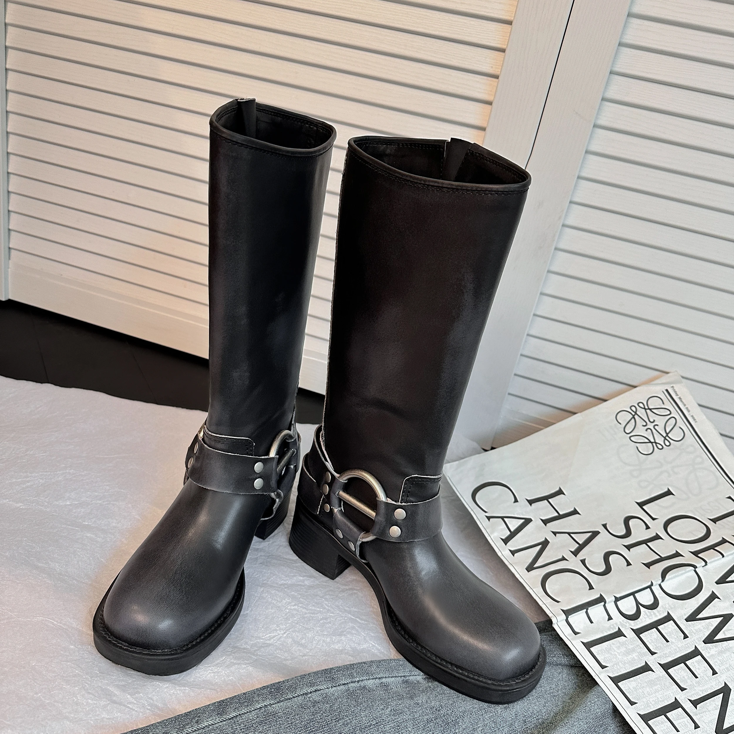 ArdenFurtado Metal Buckle Square Toe Knee High Boots Genuine Leather Brown Punk Long Boots Woman Chunky Heels Motorcycle Booties