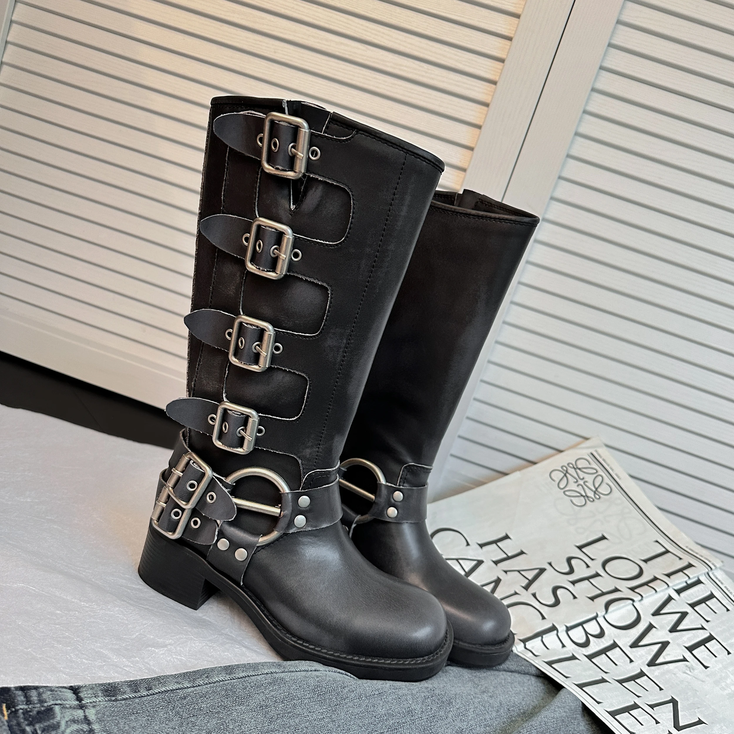 ArdenFurtado Metal Buckle Square Toe Knee High Boots Genuine Leather Brown Punk Long Boots Woman Chunky Heels Motorcycle Booties