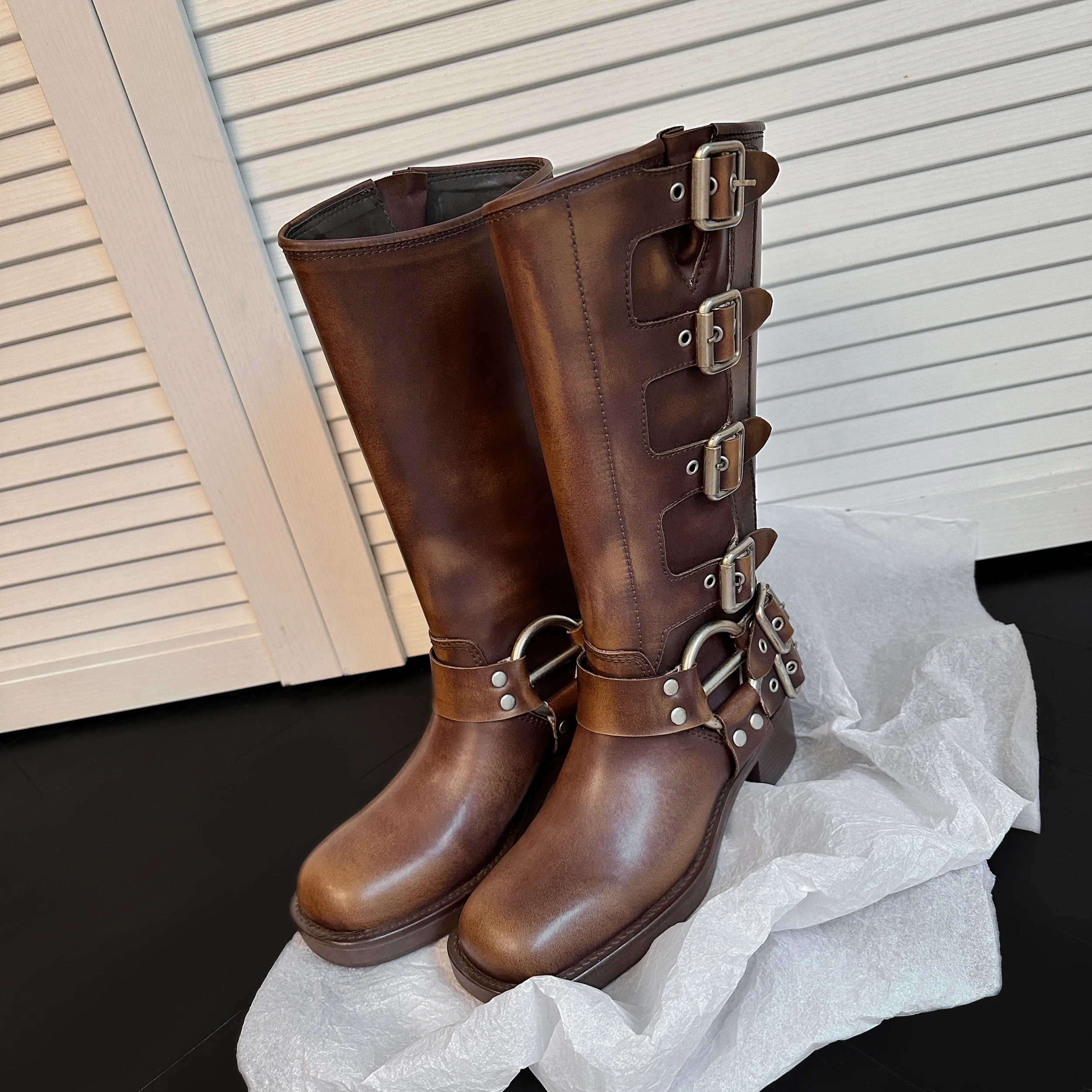 ArdenFurtado Metal Buckle Square Toe Knee High Boots Genuine Leather Brown Punk Long Boots Woman Chunky Heels Motorcycle Booties