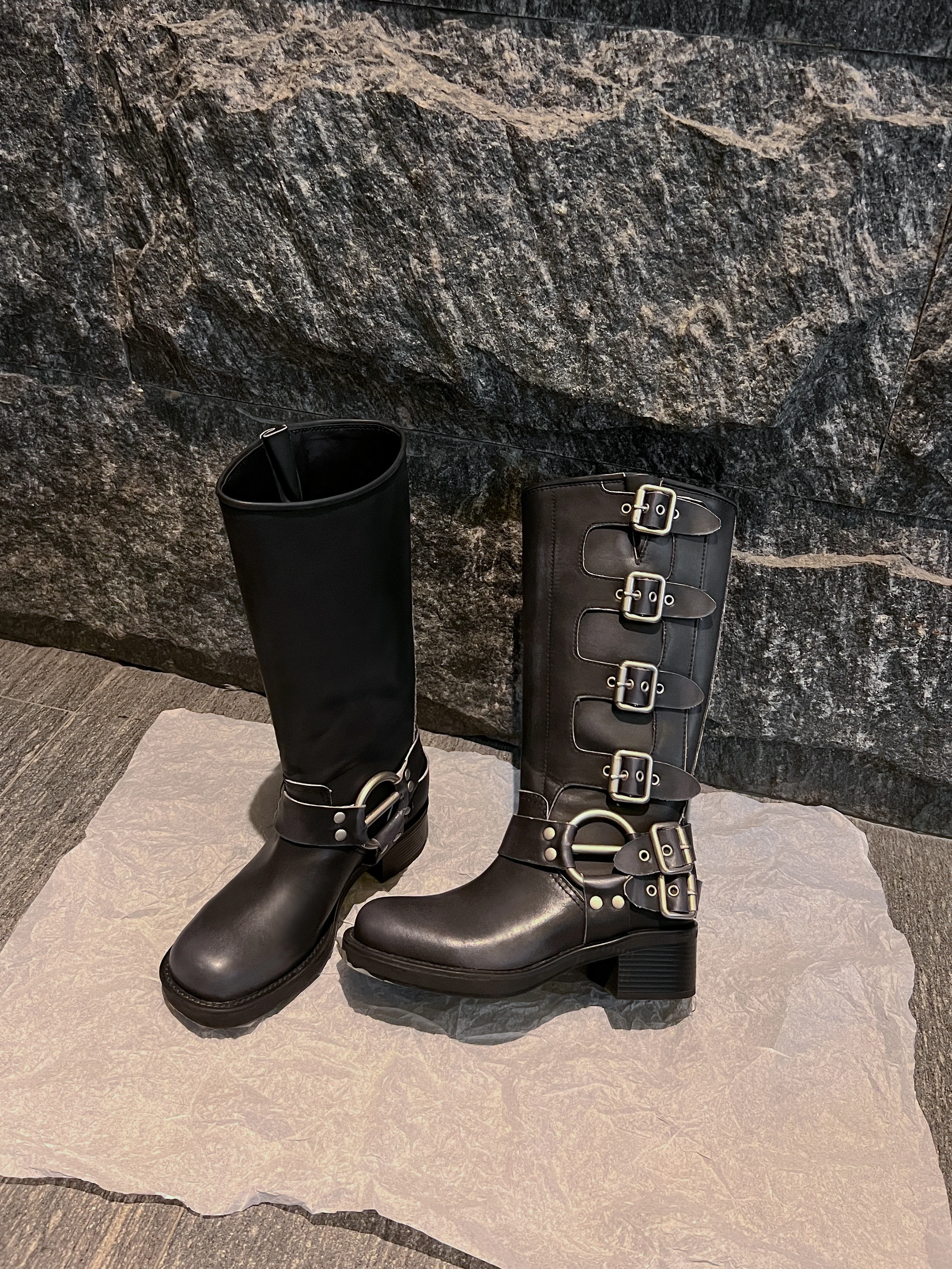 ArdenFurtado Metal Buckle Square Toe Knee High Boots Genuine Leather Brown Punk Long Boots Woman Chunky Heels Motorcycle Booties