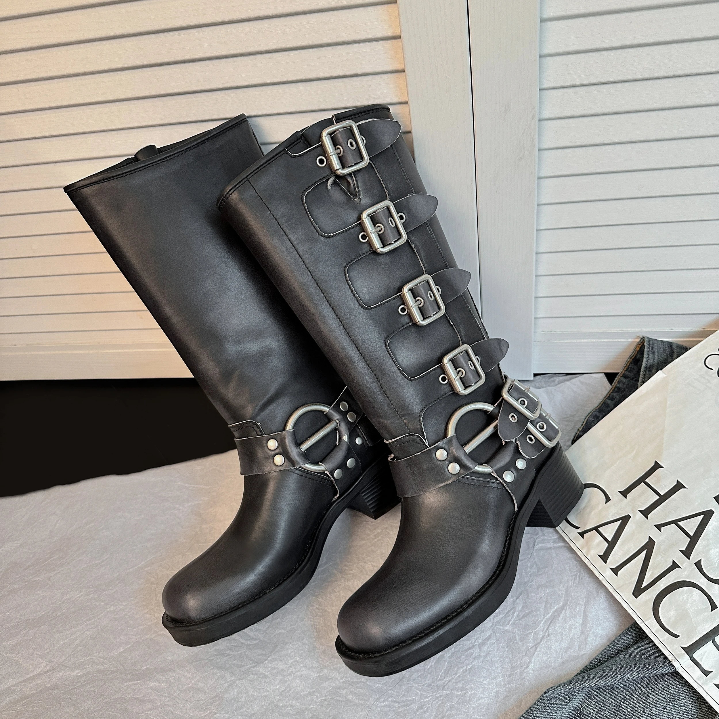 ArdenFurtado Metal Buckle Square Toe Knee High Boots Genuine Leather Brown Punk Long Boots Woman Chunky Heels Motorcycle Booties