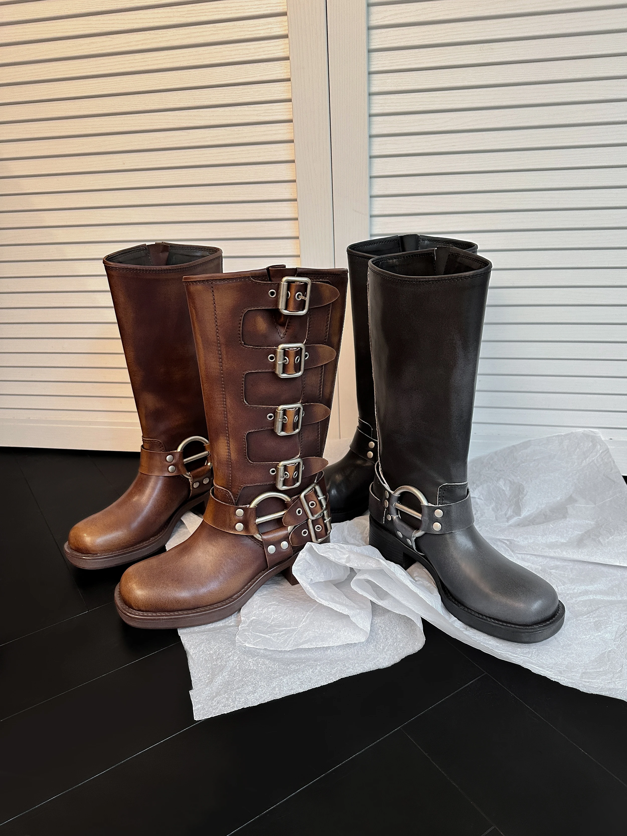ArdenFurtado Metal Buckle Square Toe Knee High Boots Genuine Leather Brown Punk Long Boots Woman Chunky Heels Motorcycle Booties