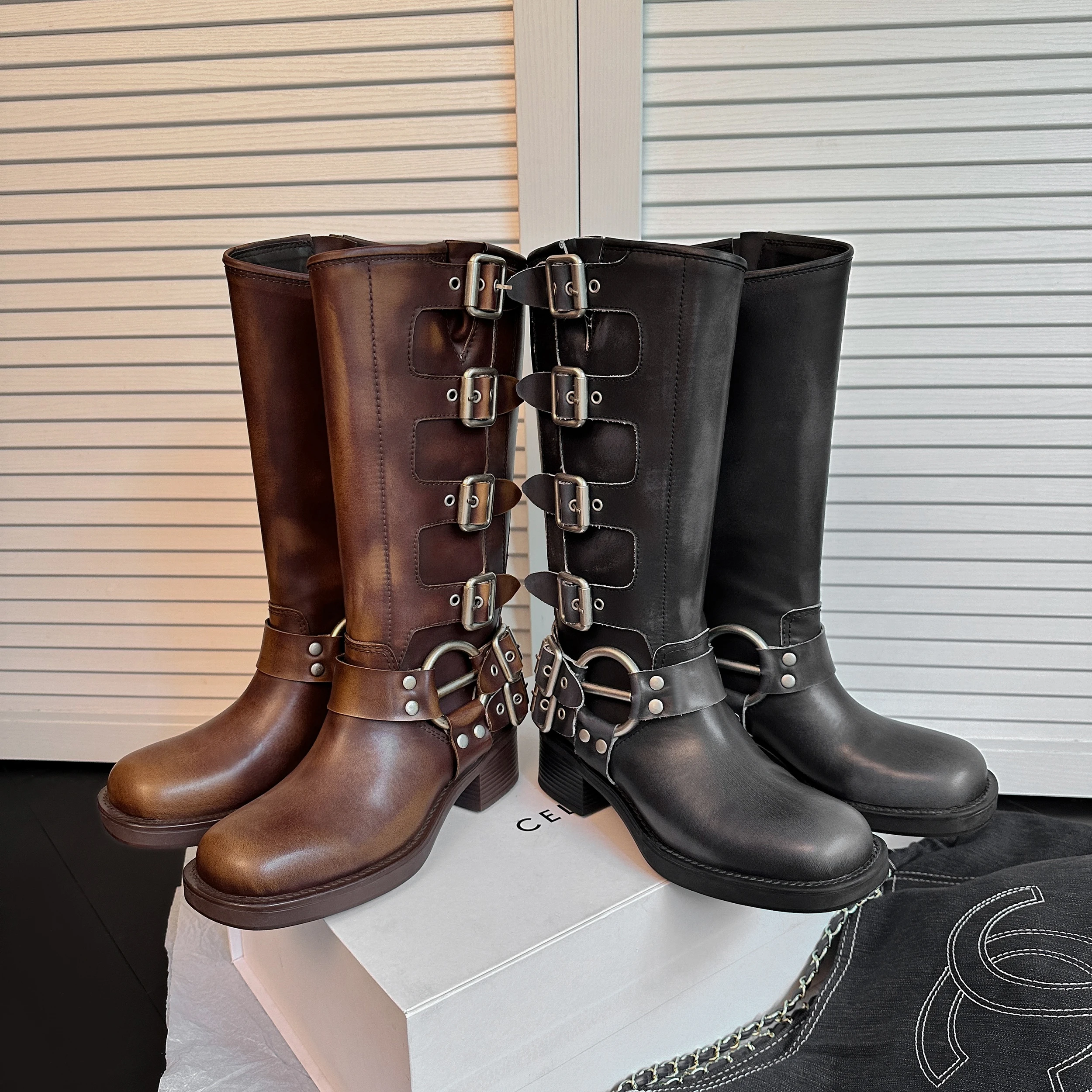 ArdenFurtado Metal Buckle Square Toe Knee High Boots Genuine Leather Brown Punk Long Boots Woman Chunky Heels Motorcycle Booties