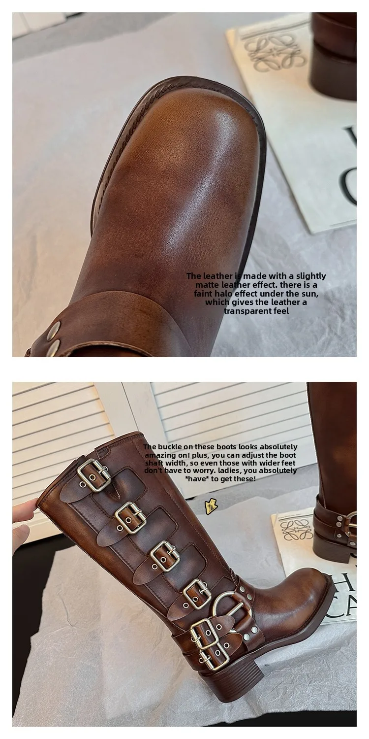 ArdenFurtado Metal Buckle Square Toe Knee High Boots Genuine Leather Brown Punk Long Boots Woman Chunky Heels Motorcycle Booties