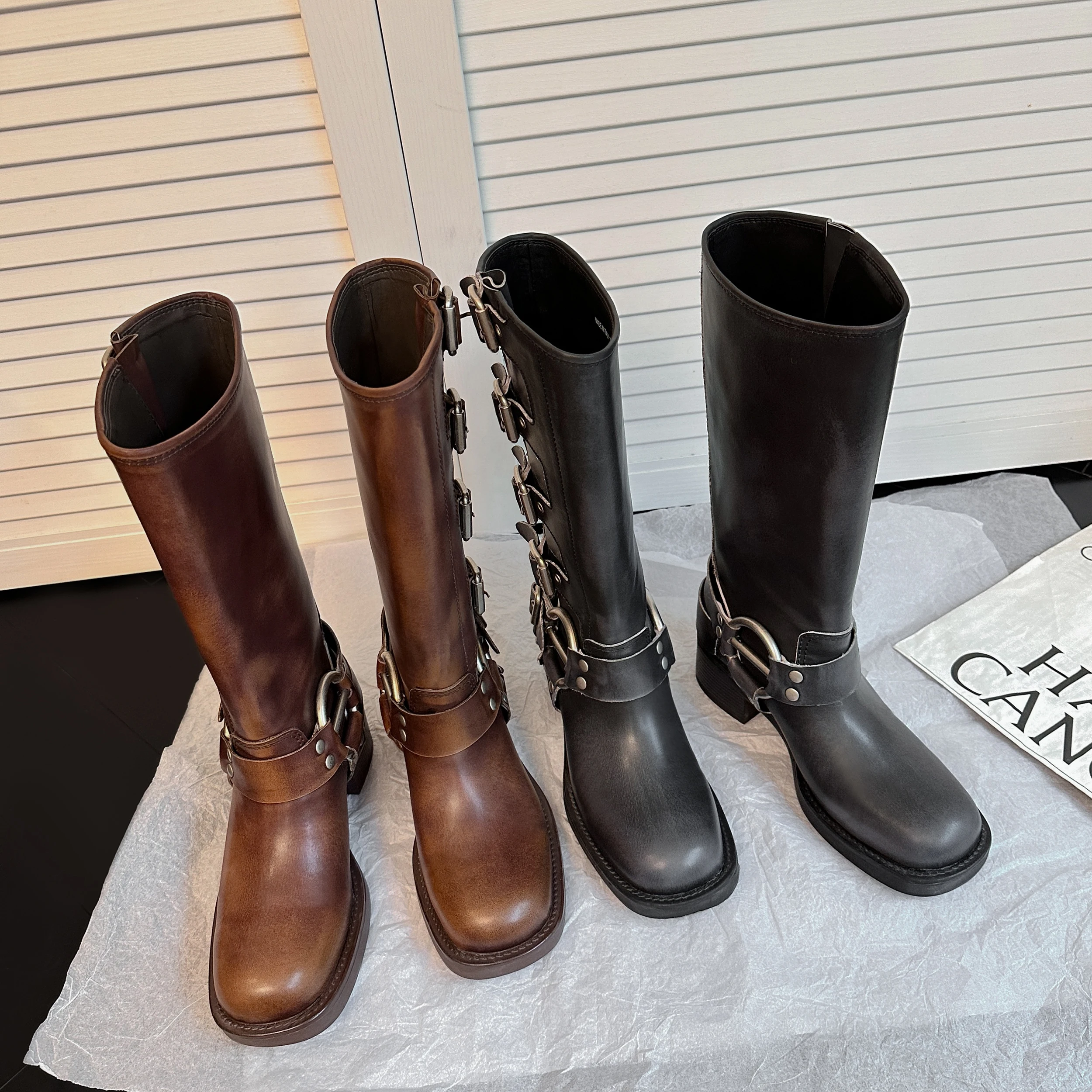 ArdenFurtado Metal Buckle Square Toe Knee High Boots Genuine Leather Brown Punk Long Boots Woman Chunky Heels Motorcycle Booties