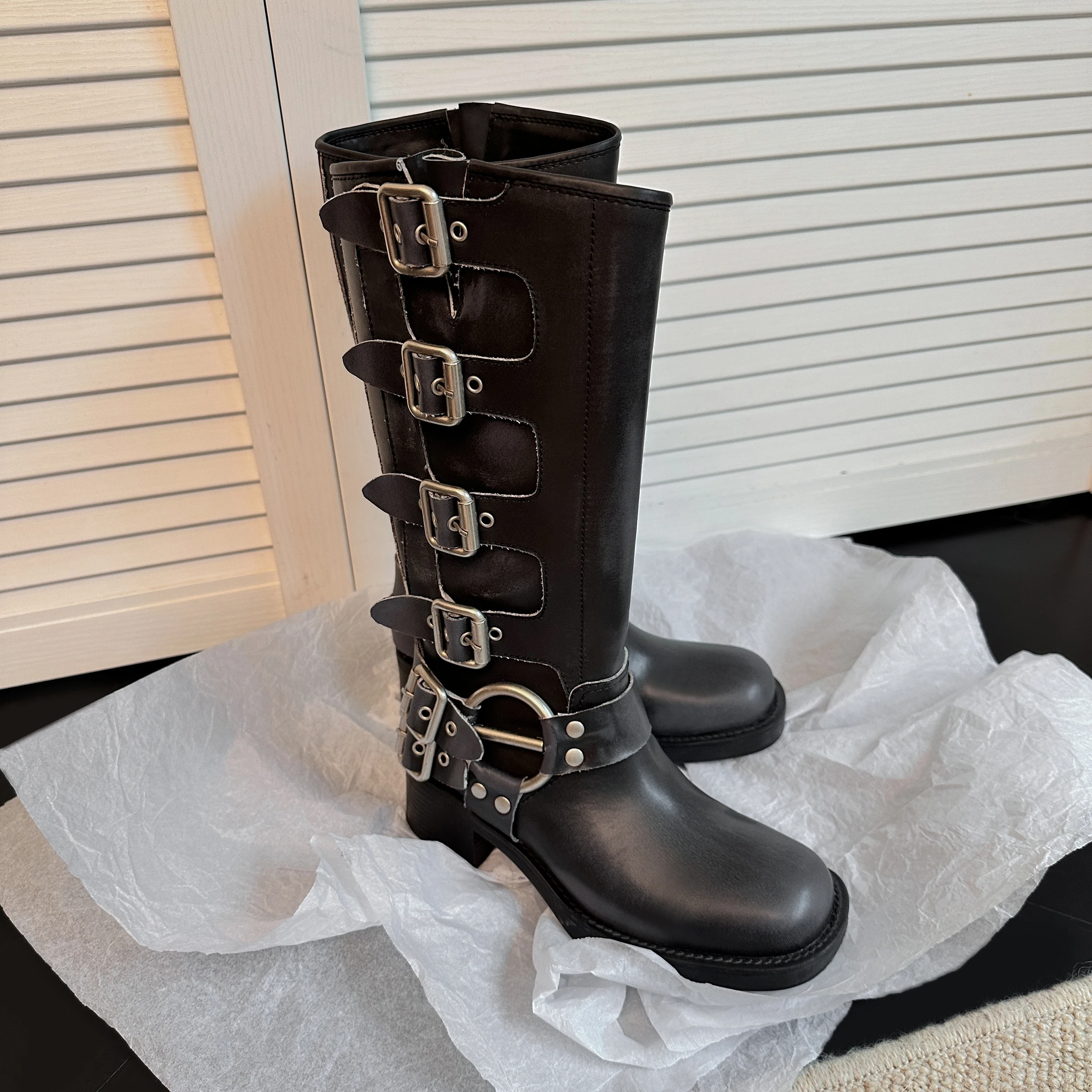ArdenFurtado Metal Buckle Square Toe Knee High Boots Genuine Leather Brown Punk Long Boots Woman Chunky Heels Motorcycle Booties