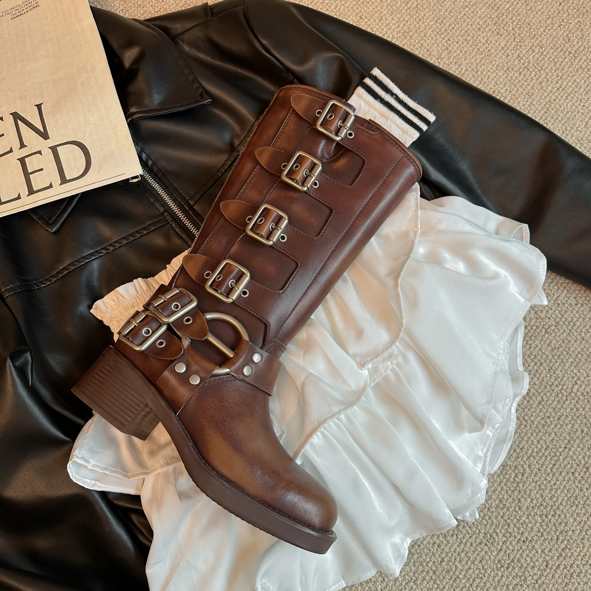 ArdenFurtado Metal Buckle Square Toe Knee High Boots Genuine Leather Brown Punk Long Boots Woman Chunky Heels Motorcycle Booties