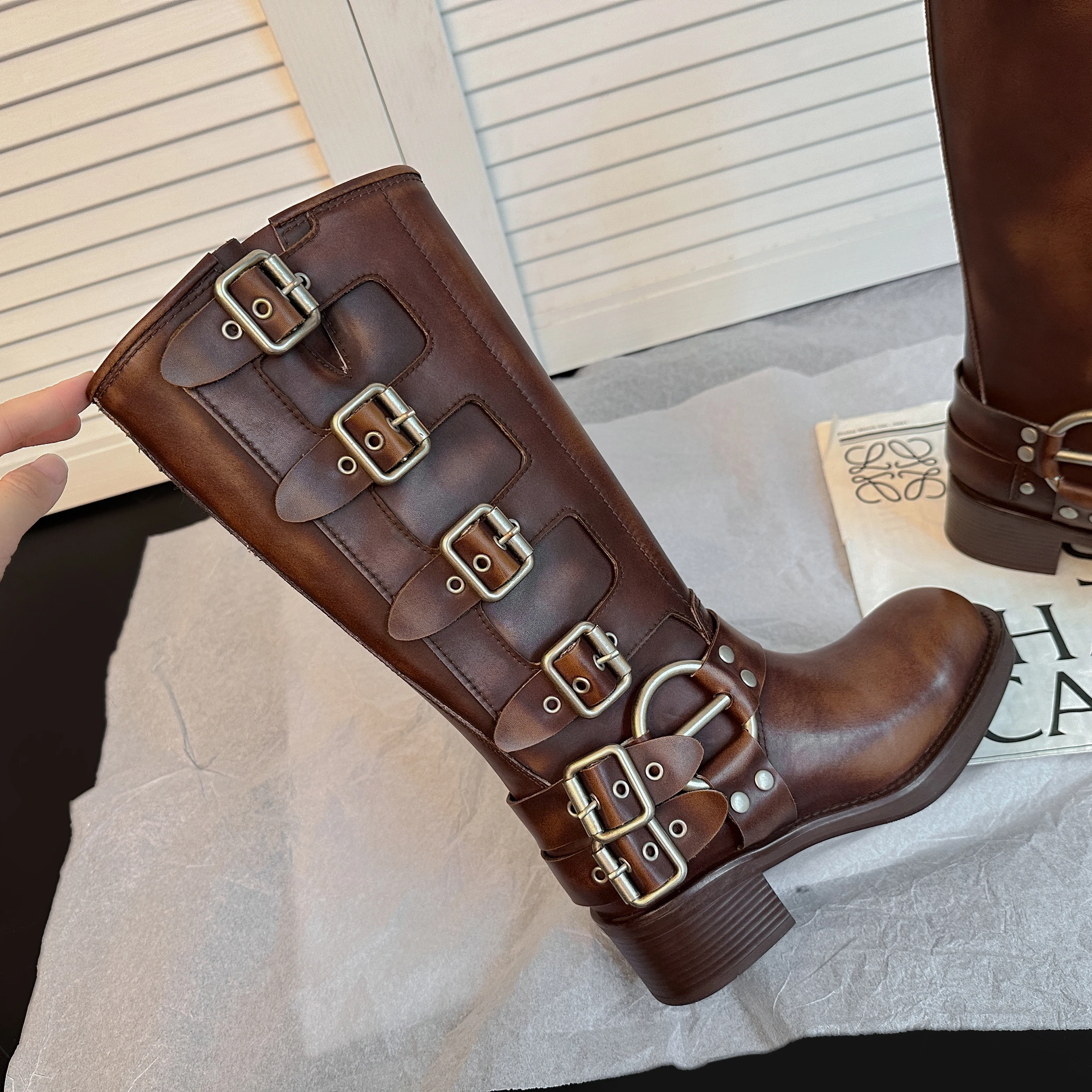 ArdenFurtado Metal Buckle Square Toe Knee High Boots Genuine Leather Brown Punk Long Boots Woman Chunky Heels Motorcycle Booties