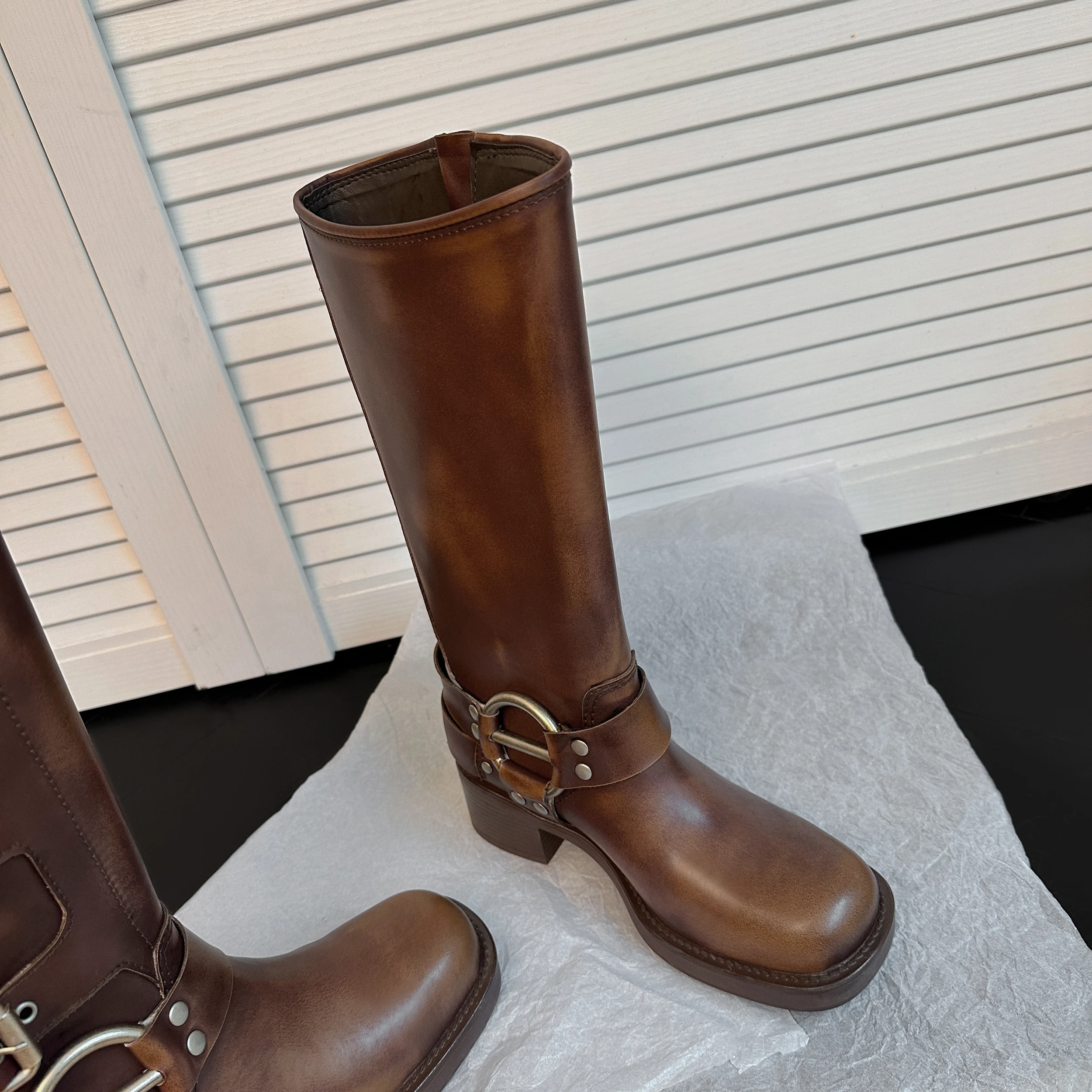 ArdenFurtado Metal Buckle Square Toe Knee High Boots Genuine Leather Brown Punk Long Boots Woman Chunky Heels Motorcycle Booties