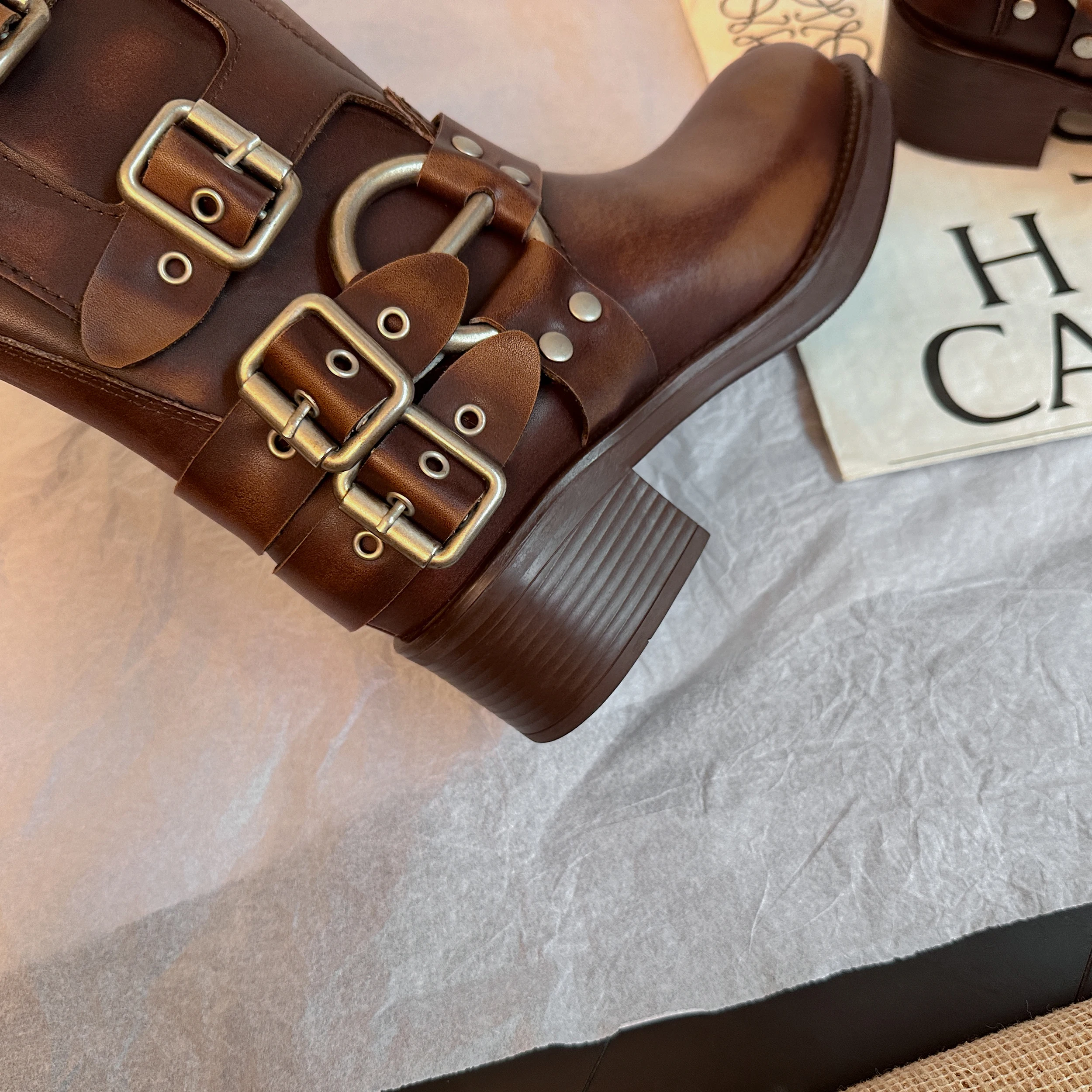 ArdenFurtado Metal Buckle Square Toe Knee High Boots Genuine Leather Brown Punk Long Boots Woman Chunky Heels Motorcycle Booties