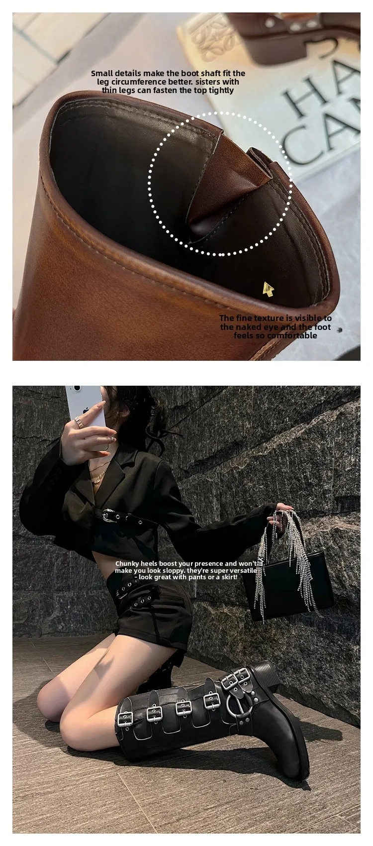 ArdenFurtado Metal Buckle Square Toe Knee High Boots Genuine Leather Brown Punk Long Boots Woman Chunky Heels Motorcycle Booties