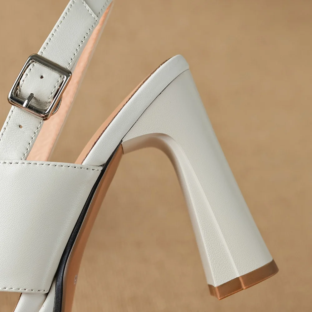 【JOCHEBED HU】Handmade Genuine Leather Summer One-button Thick Open Toe Sexy Professional High Heels Temperament Female Sandals