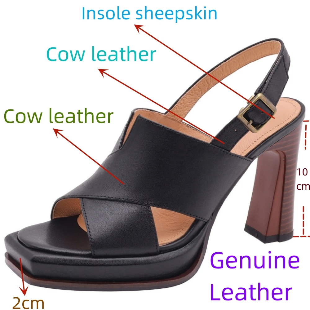 【JOCHEBED HU】Handmade Genuine Leather Summer One-button Thick Open Toe Sexy Professional High Heels Temperament Female Sandals