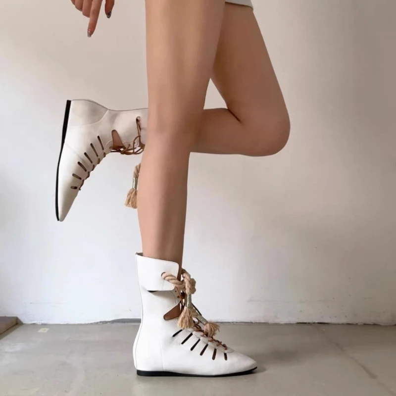 New Niche Vintage Brown Ankle Boots for Women Hollow Out Cross Strap Roman Sandals Hidden Insole Height Enhancing Summer Boots