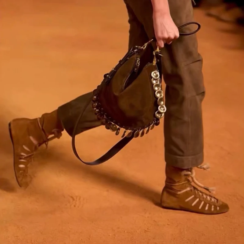 New Niche Vintage Brown Ankle Boots for Women Hollow Out Cross Strap Roman Sandals Hidden Insole Height Enhancing Summer Boots