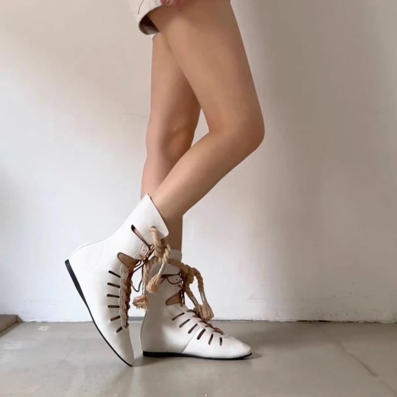 New Niche Vintage Brown Ankle Boots for Women Hollow Out Cross Strap Roman Sandals Hidden Insole Height Enhancing Summer Boots