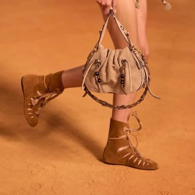 New Niche Vintage Brown Ankle Boots for Women Hollow Out Cross Strap Roman Sandals Hidden Insole Height Enhancing Summer Boots