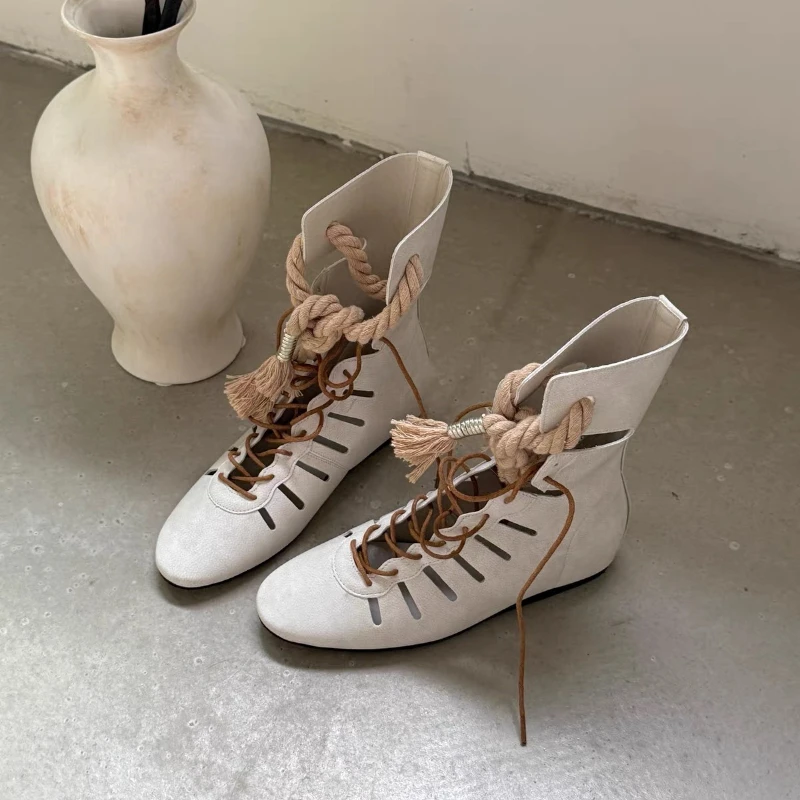 New Niche Vintage Brown Ankle Boots for Women Hollow Out Cross Strap Roman Sandals Hidden Insole Height Enhancing Summer Boots