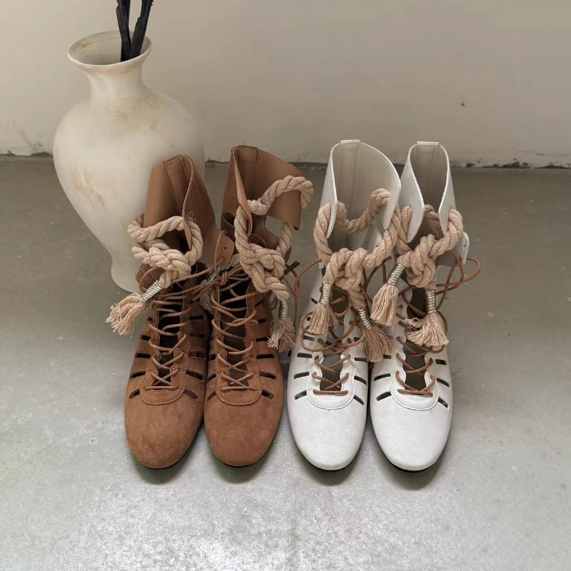 New Niche Vintage Brown Ankle Boots for Women Hollow Out Cross Strap Roman Sandals Hidden Insole Height Enhancing Summer Boots