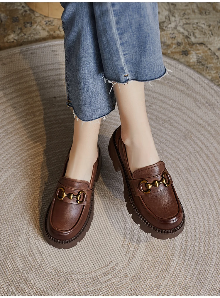 DRKANOL Women Thick Heel Loafers Slip On Pumps Spring Autumn New Design Metal Genuine Leather Round Toe High Heel Platform Shoes