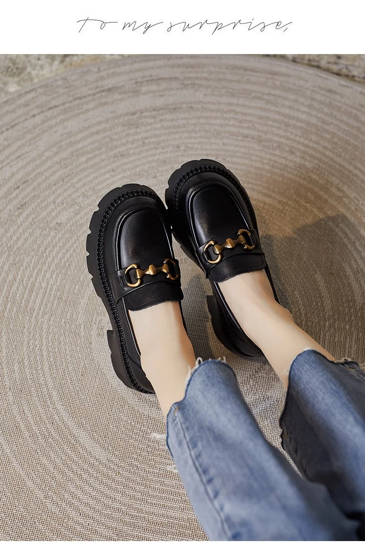 DRKANOL Women Thick Heel Loafers Slip On Pumps Spring Autumn New Design Metal Genuine Leather Round Toe High Heel Platform Shoes